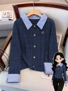 SHEIN Clasi Plus Size Sweater Shirt Collar Turnup Cuff Button Cardigan Patchwork Sweater Two Pieces Set Fall Winter Cloth For Women Autumn - Royal Blue - View 1