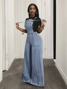 Slaydiva Women's Solid Color Minimalist Casual Denim Jumpsuit - Light Wash - View 3