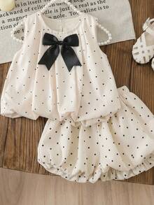 SHEIN Genkimix Kids Genkimix 女童蝴蝶结装饰休闲无袖上衣 + 纯色休闲短裤两件套 - 杏色 - 查看 4
