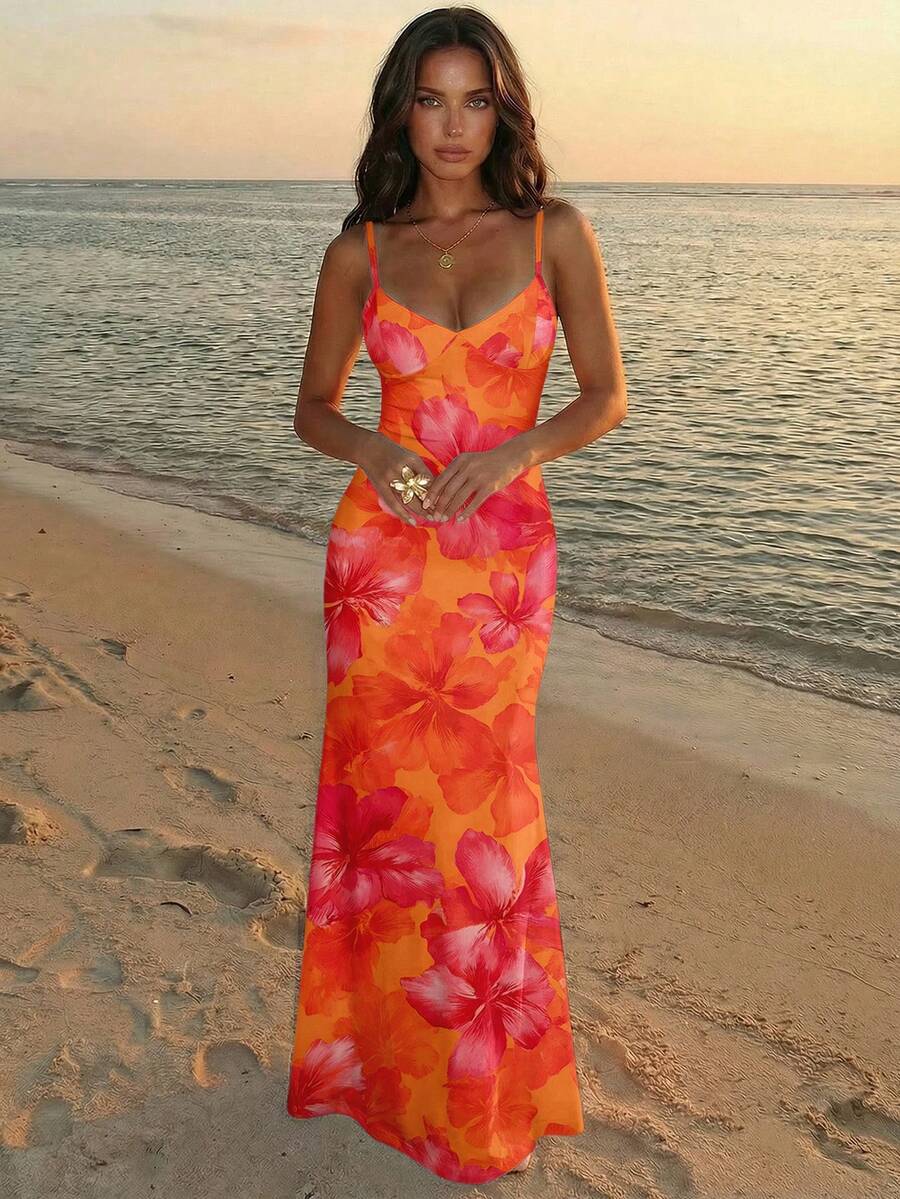 Aloruh 夏季度假吊带系带紧身性感橙色涂鸦印花连衣裙，适合夏季、海滩、夏威夷风情碎花等场合，也适合海滩、音乐节等场合。 - 橘色 - 查看 1