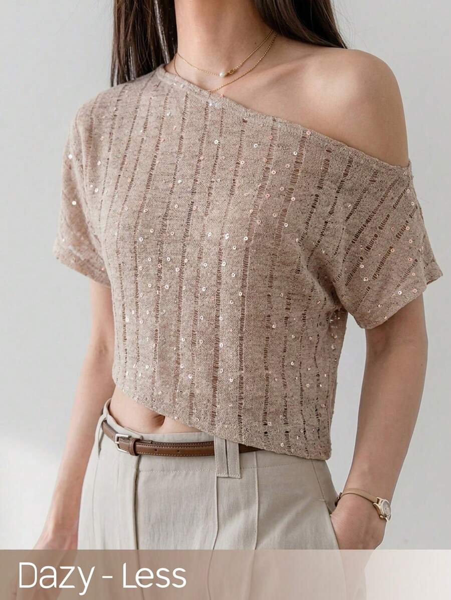 Dazy-Less Shiny Valentine's Day, Wedding, Banquet, Ball Gown, Fashion Party, Elegant Loose Asymmetrical Shoulder Short T-Shirt, Spring & Summer - Khaki - View 1