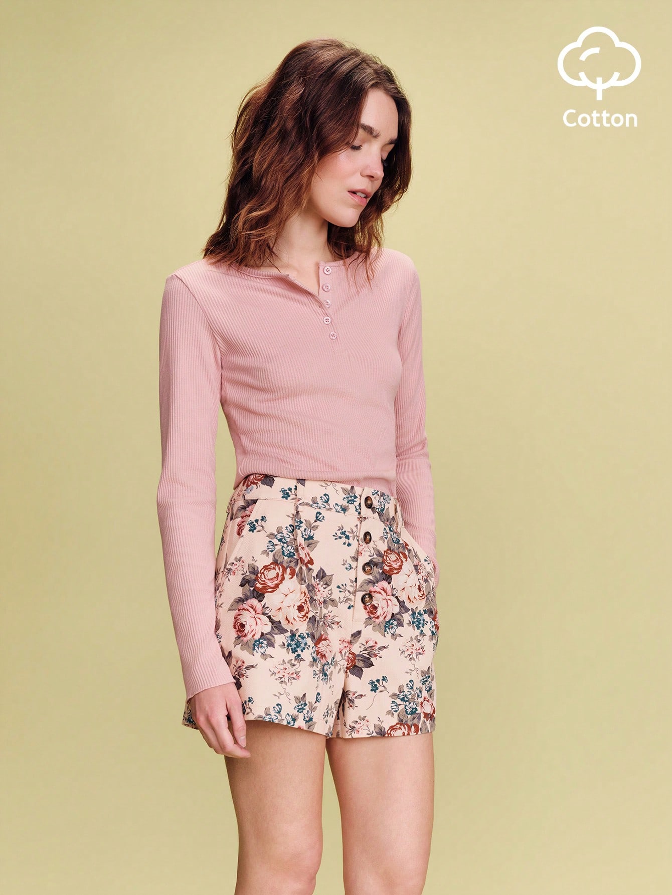 High-Waist Floral Shorts With Pleats And Button Closure Vintage Flower Shorts Pink Flower Cotton Shorts Spring Summer French Style Parisian Style