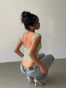 Aloruh Lace Patchwork Short Sleeve Sexy Backless Top,Summer Top - Green - View 4