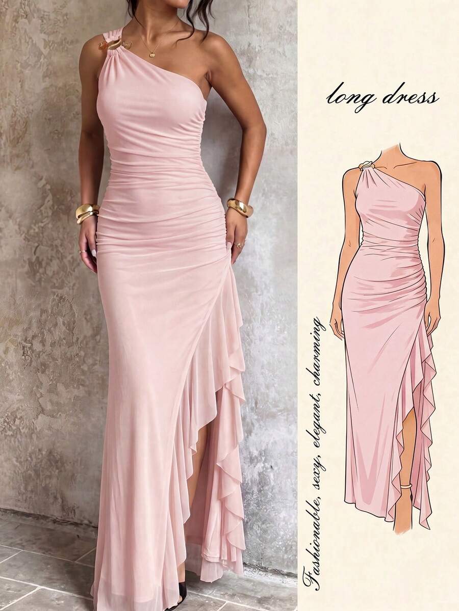 SHEIN Glamour Gaun Maxi Duyung Satu Bahu Warna Merah Muda Pucat, Gaun Bodycon Elegan dengan Detail Bahu Metalik & Belahan Tinggi Berumbai, Gaun Formal Jala Elastis - Berwarna merah muda - View 1