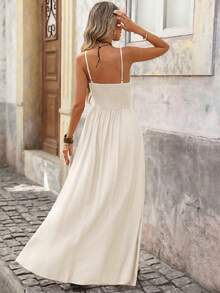 Brillora Spring/Summer Casual Vacation A-Line Waist Cinched Textured Fabric Spaghetti Strap Dress - Apricot - View 2
