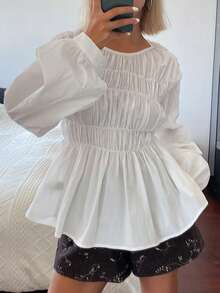DAZY Women's Round Neck Waist Gathered A-Line Long Sleeve Blouse - White - View 2
