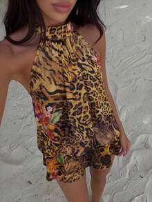 Bonvoyette Sexy Leoparden-Muster Neckholder Rückenfreies Kleid, Rüschenrock, Urlaubsstil für Frauen - Verschiedenfarbig - Übersicht 11