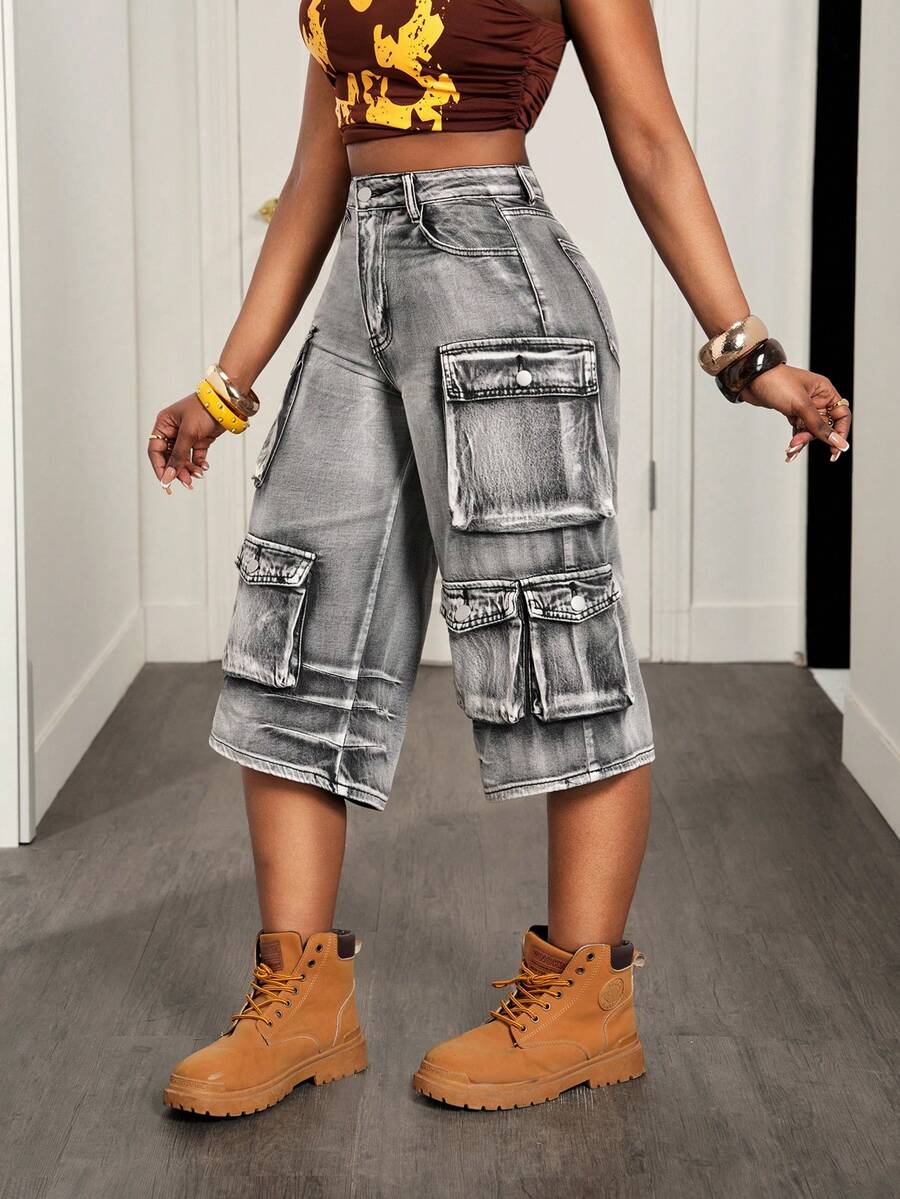 Slaydiva 女士休闲工装七分牛仔裤，带口袋，适合日常穿着 - 黑色 - 查看 1