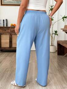Weeklong Plus Size Solid Color Drawstring Waist Pocket Casual Pants, Suitable For Holiday Wear - Baby Blue - View 2
