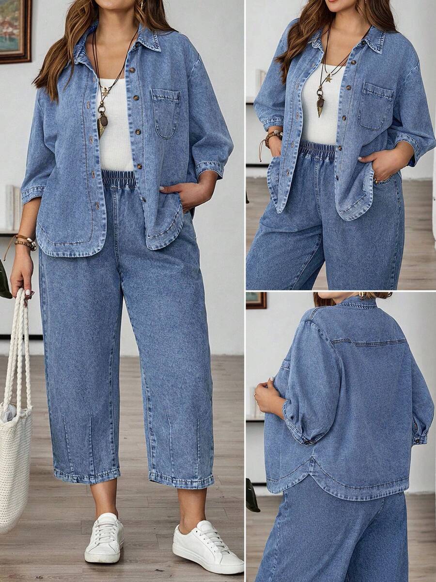 EMERY ROSE Mature Denim Plus Size Women's Solid Color Casual Long Sleeve Denim Blouse - Medium Wash - View 1