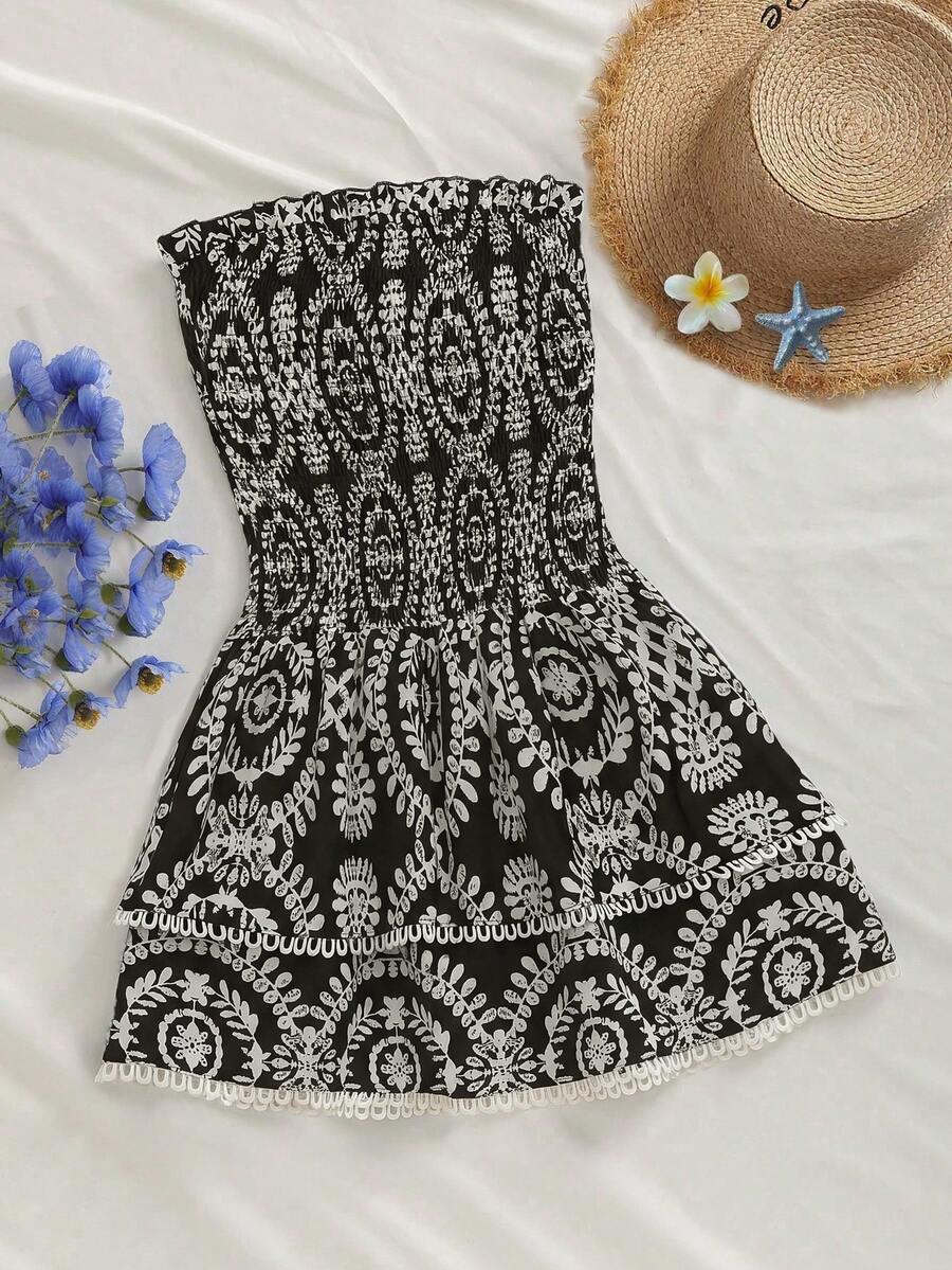 Elamini Navy Blue Strapless Dress With Ruched Waist, Hollow Embroidery, Ruffle Hem, Bohemian Style, Versatile A-Line Short Dress - Black - View 1