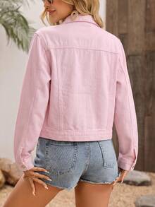 EMERY ROSE Women's Casual Solid Color Denim Jacket - Pink - View 2