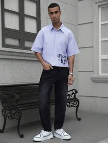 Manfinity EMRG 男士休闲条纹印花短袖衬衫 - 灰色 - 查看 6