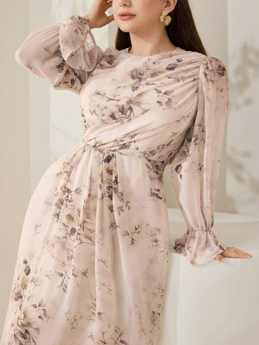 Veilorie 大码印花圆领长袖连衣裙 - 彩色 - 查看 1