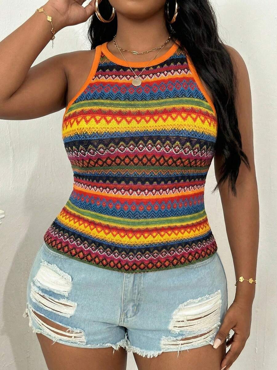 Slaydiva Plus Size Casual Basic Fitted White Round Neck Off-Shoulder Tank Top