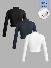 Slaydiva Set de 3 camisetas de manga larga con cuello en V, cremallera y ajuste ceñido, de estilo casual para otoño/invierno para mujer, en colores blanco + negro + gris - Blanco - Ver 3