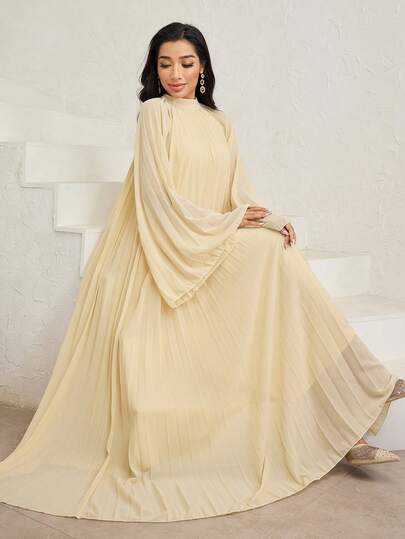 Veilorie Women's Solid Color Mock Neck Pleated Flare Sleeve Arabic Style Dress