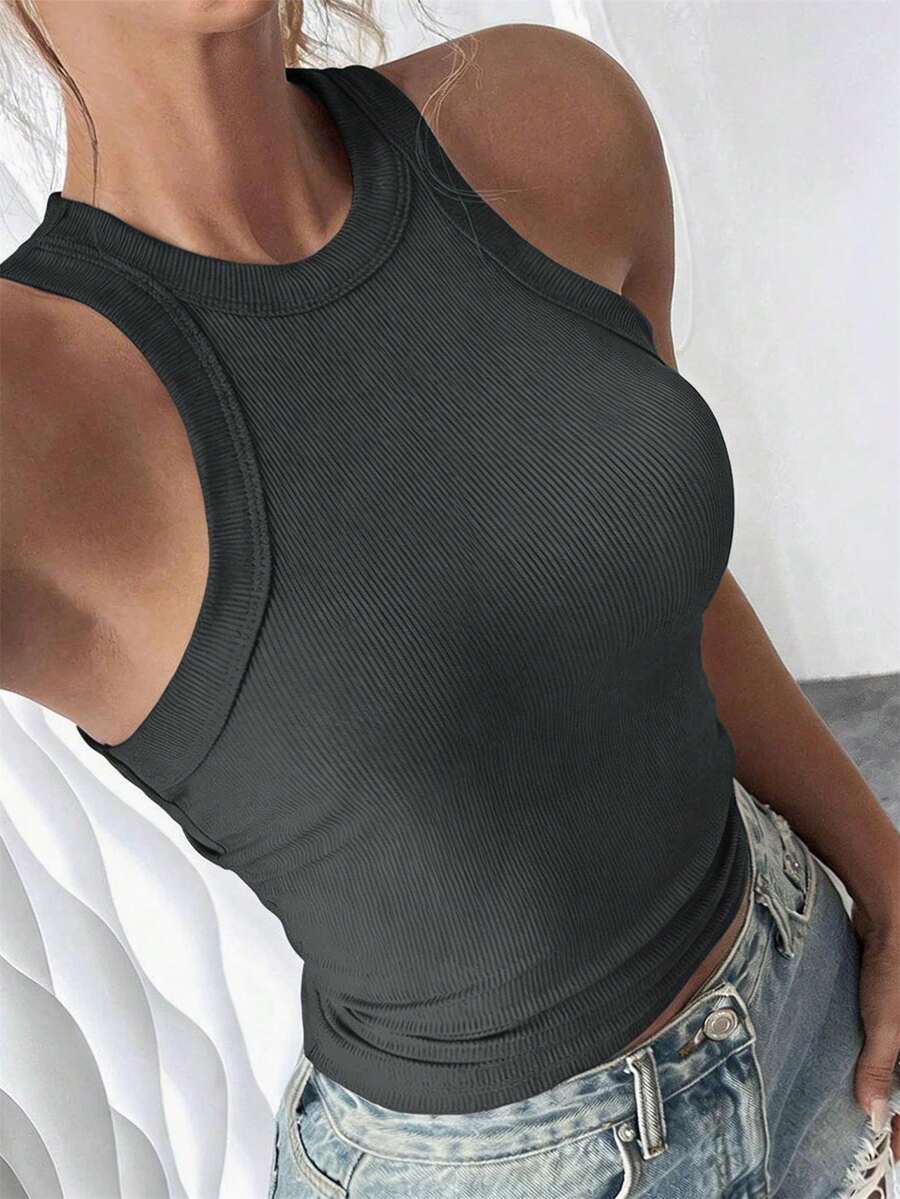 SHEIN 女士休闲通勤简约纯色罗纹针织修身背心,夏季 - 深灰色 - 查看 1
