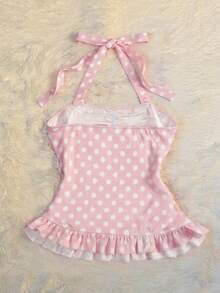 GlowEve Cute & Sweet Fitted Tank Top With Polka Dot Neck Tie Bow Decor For Women - Pink - View 2