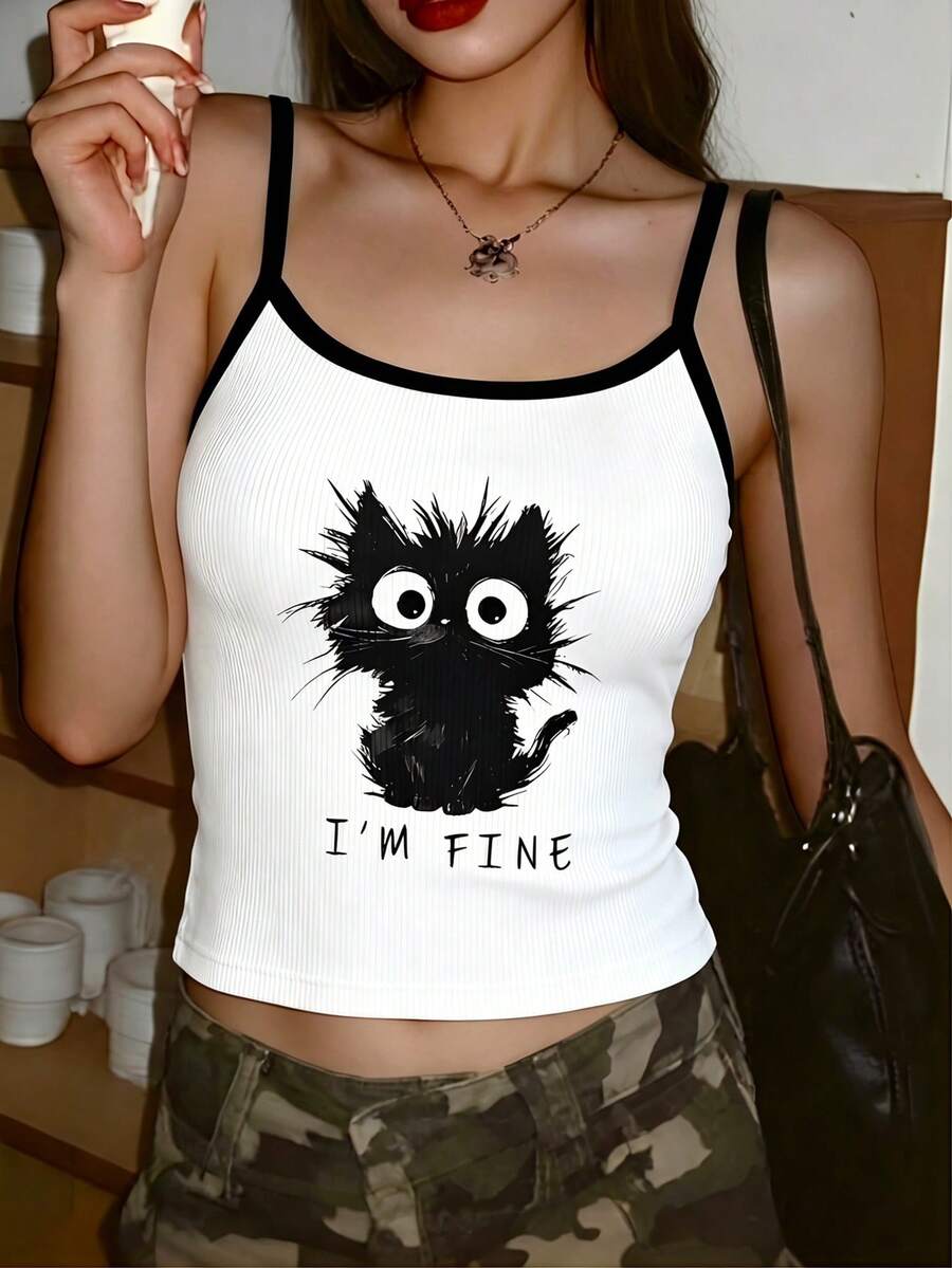 Áo tank top hai dây phối màu in hình mèo dễ thương dành cho bé gái tuổi teen, dáng ôm ngắn, chất vải gân thoáng khí, kiểu áo không tay đa năng mùa hè, hoàn hảo để mặc nhiều lớp và mặc thường ngày. - Đen và trắng - Xem 1