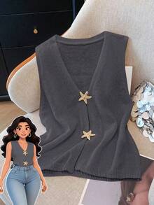 SHEIN Clasi Cárdigan de punto con botones con diseño de estrella de mar en talla grande - Gris - Ver 1