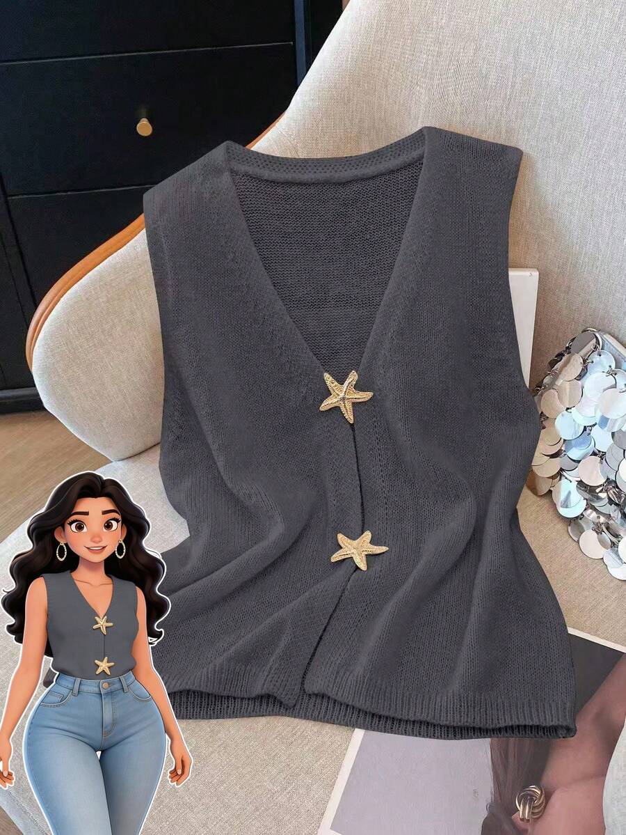 SHEIN Clasi Cárdigan de punto con botones con diseño de estrella de mar en talla grande - Gris - Ver 1
