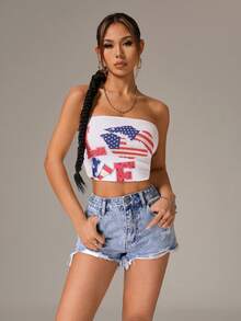 SHEIN PETITE 女士休闲水洗做旧牛仔短裤，夏季 - 藍色 - 查看 5