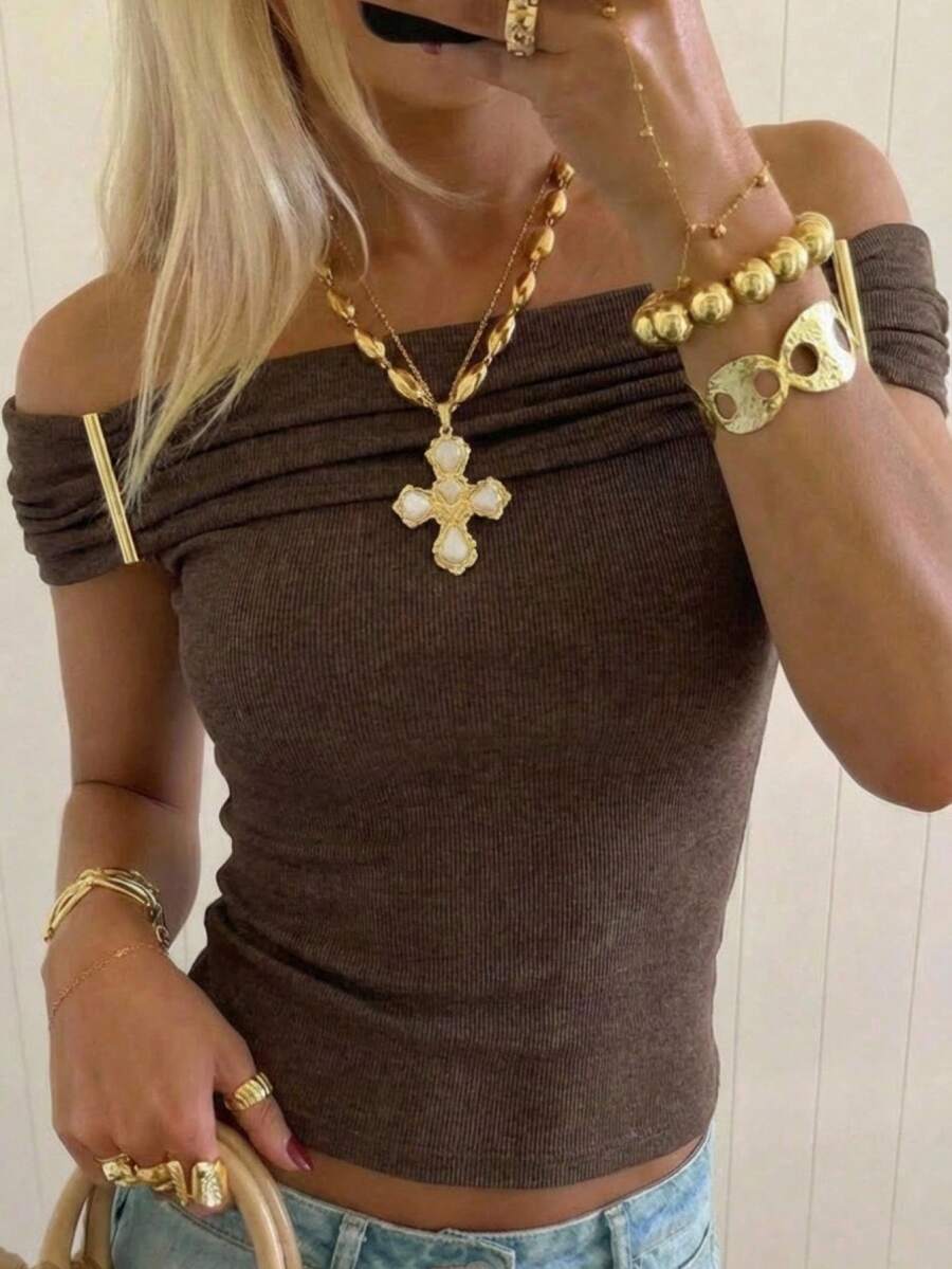 Aloruh Asymmetrical Asymmetric Shoulder Knit T-Shirt Top, Purple-Red,Summer Top - Apricot - View 1