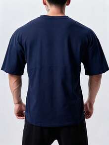 GymBeat Men's Casual Solid Color Round Neck Drop Shoulder Sports T-Shirt, Summer Workout Running Tee, Oversized Gym Top Loose Breathable, Lightweight - Navy Blue - View 2