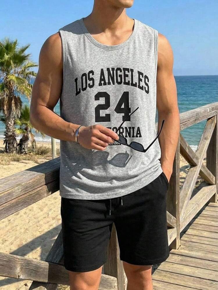 Men's Letter Print Loose Fit Sleeveless Casual Sports Tank Top, Summer