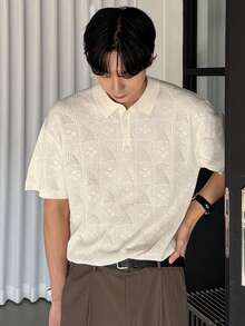 DAZY Men's Short Sleeve Polo Neck Knit Top, Summer - White - View 5