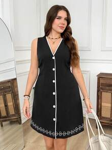 Levarali Plus Size Women V-Neck Single-Breasted Zebra Print Dress Elegant Black And White Summer Office Formal Smart Casual French Style Minimalist Party Tea - Black - View 6