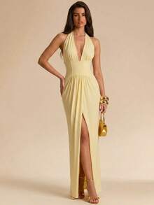 SHEIN BAE Women's Spring/Summer Deep V-Neck Floral Ruffle Front Slit Dress, Yellow Dress, Elegant Dress,Summer Dresses For Women - Yellow - View 1