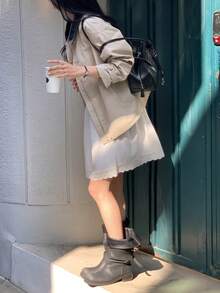 DAZY 女款休閒對比色夾克，韓式風格日常米色秋季校園風 - 灰色 - 查看 3