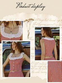WESTFADE Áo ôm dáng cài cúc phía trước, họa tiết kẻ caro và đục lỗ. - Đỏ và trắng - Xem 9