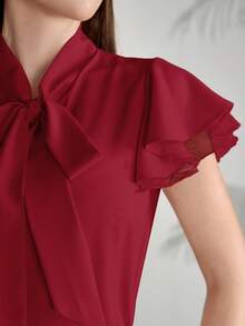 Modelyn Women's Solid Color Ruffled Tie Collar Short Sleeve Elegant Blouse - Burgundy - View 7