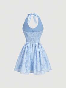 SHEIN MOD 女士U领露背系带腰身优雅短款连衣裙，夏季 - 藍色 - 查看 3