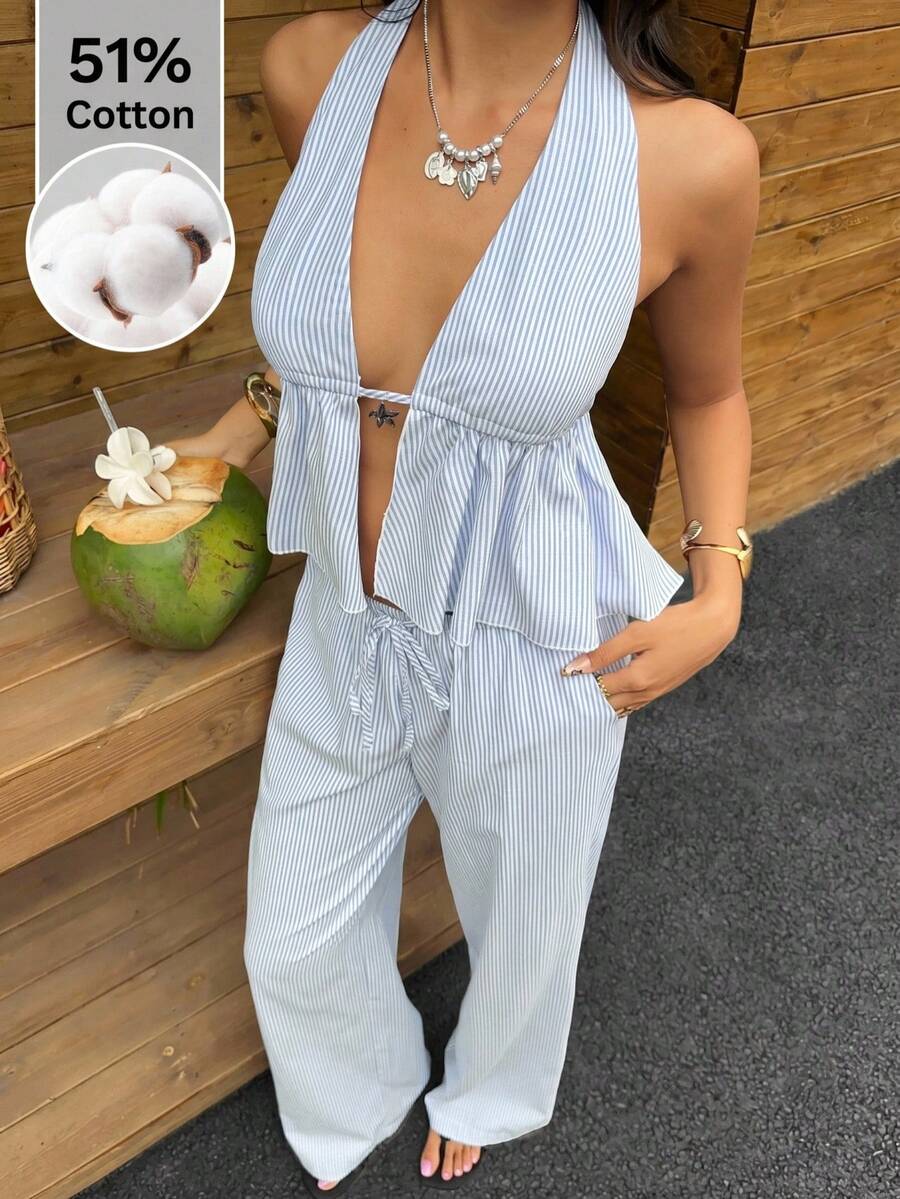 SHEIN EZwear Blue Striped Woven Women's Casual Suit - Blue and White - View 1