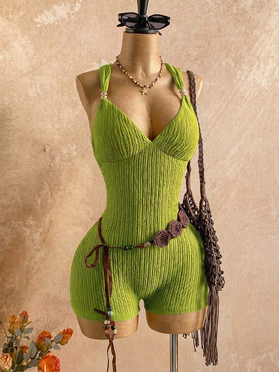 Soleia Women's Solid Color Minimalist Everyday Criss-Cross Jumpsuit - Olive Green - View 1