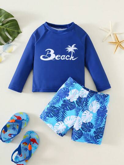 SHEIN 男婴圆领插肩袖字母印花休闲夏季泳装