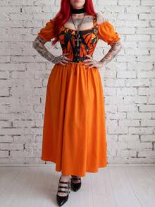 Whyspr Plus Size Punk Style Orange Patchwork Off-Shoulder Petal Sleeve Mini Dress, Spring/Summer - Orange - View 7