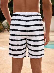 Manfinity Swimmode 条纹抽绳休闲夏季沙滩短裤 - 黑與白 - 查看 6