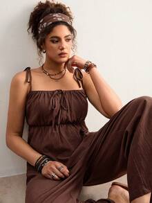 Freevana Plus Size Solid Color Ruched Bust Camisole And Wide Leg Pants 2 Pieces Set Outfit For Women Summer Clothes Boho Style Vacation Chocolate Brown Brunch - Coffee Brown - View 2