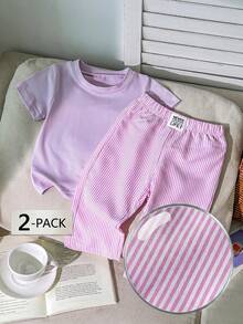 Baby Girls' Summer Casual Blue And White Stripe Short Sleeve T-Shirt And Wide Leg Pants Set,Family Matching Comfortable Fit For Family Gatherings - Multicolor - View 1