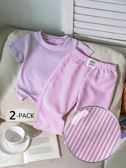 女婴夏季休闲撞色条纹短袖T恤和阔腿裤套装，宽松舒适，适合日常外出、休闲旅行、家庭聚会、户外玩耍和拍照。