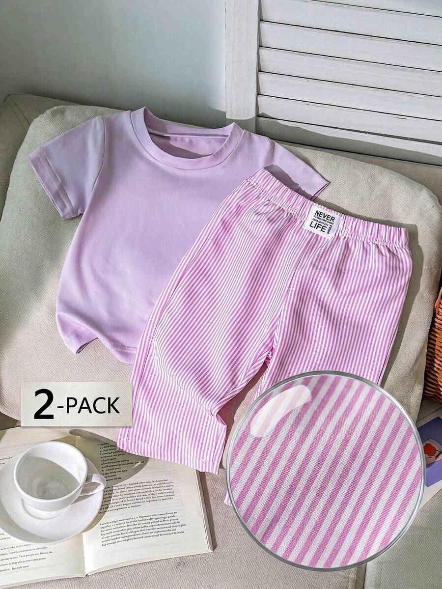 Baby Girls' Summer Casual Blue And White Stripe Short Sleeve T-Shirt And Wide Leg Pants Set,Family Matching Comfortable Fit For Family Gatherings - Multicolor - View 1