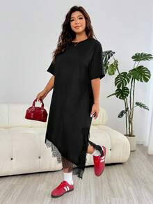 Vestido de uso diario de talla grande, unicolor, minimalista, con parches de encaje, cuello redondo y manga corta - Negro - Ver 5