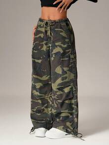 SHEIN PETITE Jeans con cordón y estampado de camuflaje para mujer - Azul - Ver 3