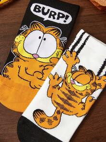 GARFIELD | SHEIN 2双装柔软透气吸湿休闲短袜，时尚可爱卡通黑白短袜，加固趾跟，经久耐穿，男女通用，四季皆宜，夏季冬季百搭，图案猫咪 - 彩色 - 查看 3