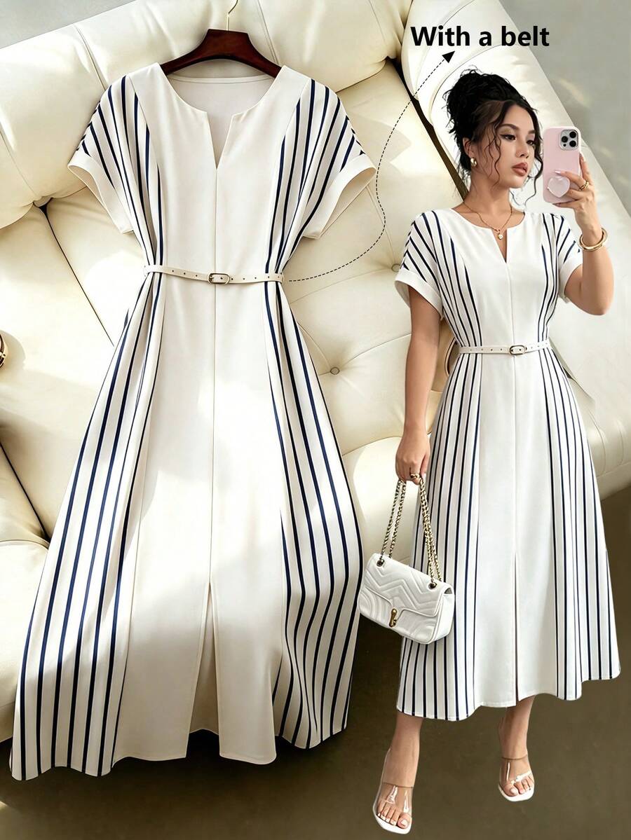 Elenzga Đầm nữ màu xanh sọc in kỹ thuật số, phối họa tiết, cổ chữ V, tay áo lệch vai, thắt eo, dáng chữ A rộng rãi, xẻ tà, thanh lịch, thích hợp đi làm hoặc đi nghỉ mát, mùa xuân/hè. - Màu be - Xem 1
